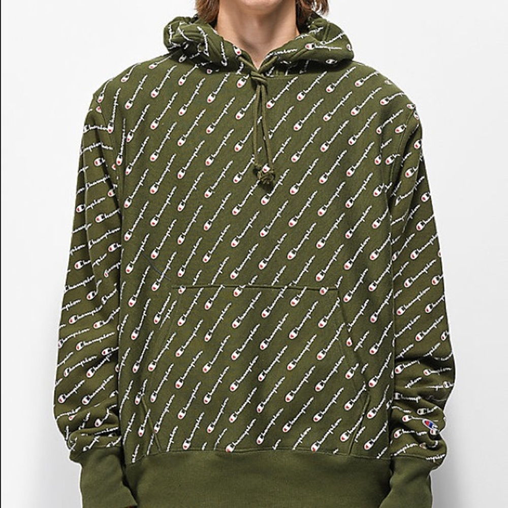 Olive Green All Over Print Champion Hoodie